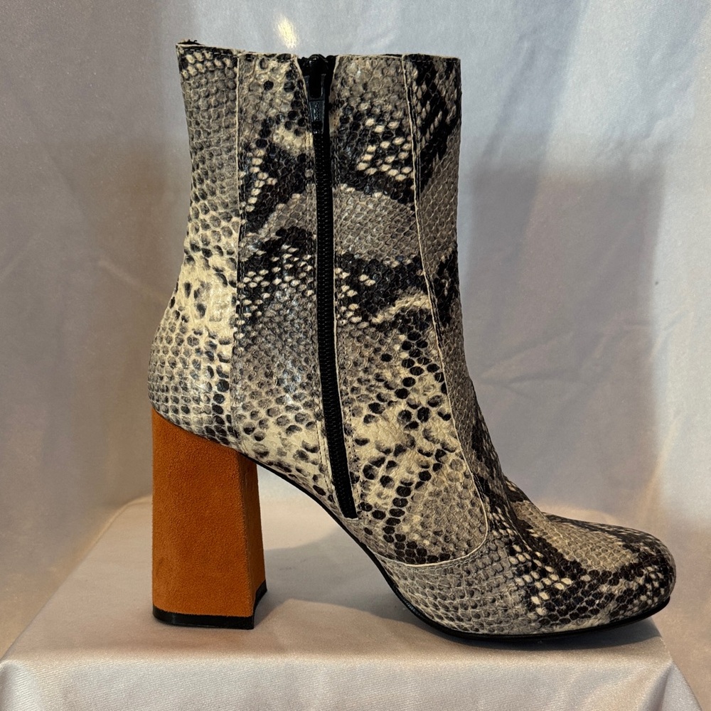Shellys London Snakeskin Block Heeled Boots with Orange Accents Size 8.5 - Picture 9 of 14